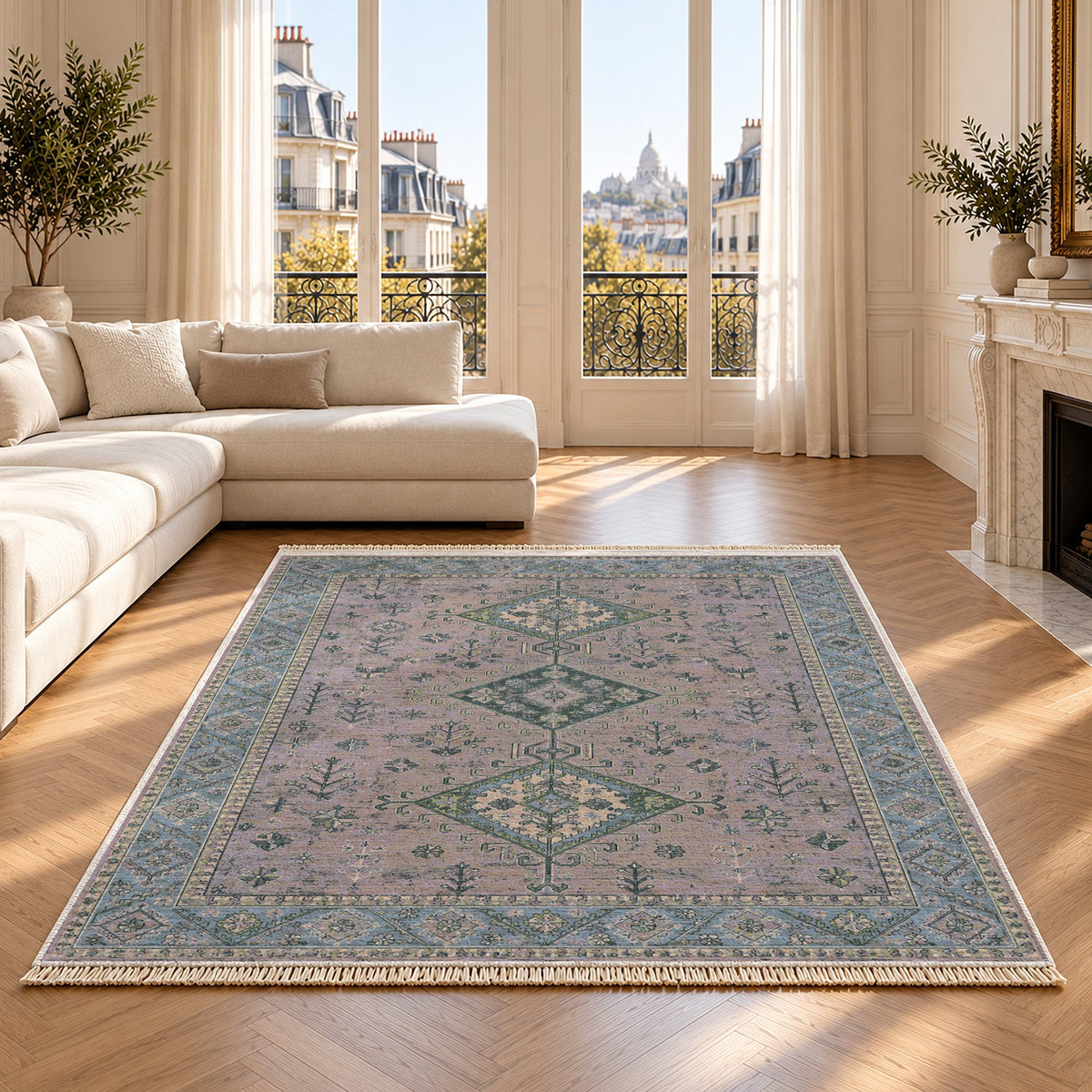 Dosemealti Diamond Mineral Blue washable rug on an oak floor
