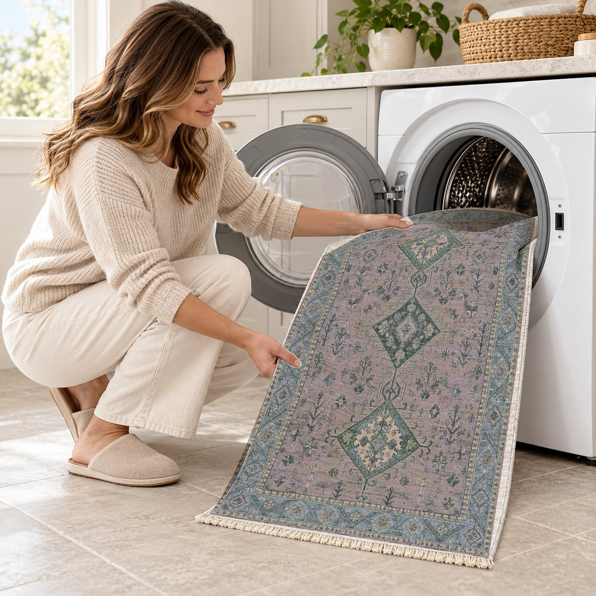 Dosemealti Diamond Mineral Blue washable rug being loaded into a washing machine