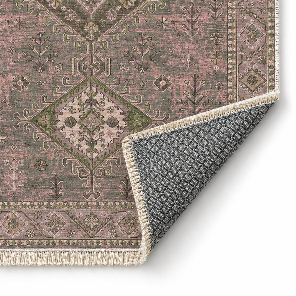 Dosemealti Diamond Rose & Olive washable rug folded corner showing the backing