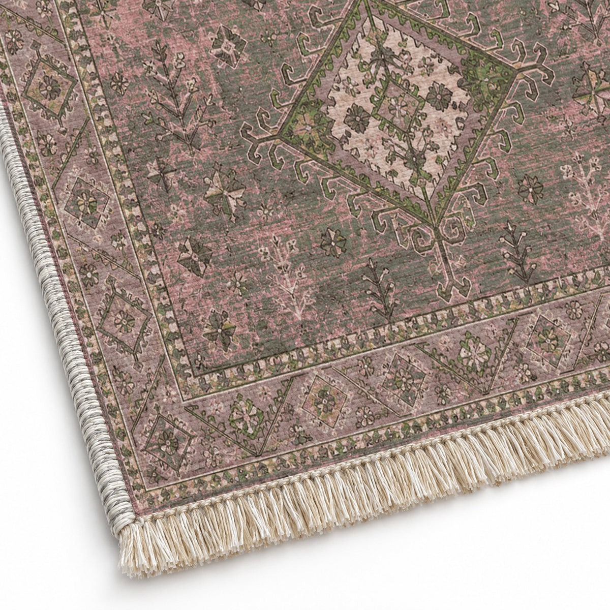 Dosemealti Diamond Rose & Olive washable rug close-up of the printed chenille