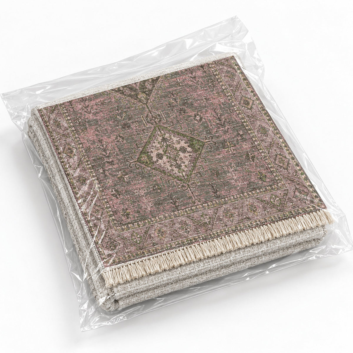 Dosemealti Diamond Rose & Olive washable rug rolled and packaged