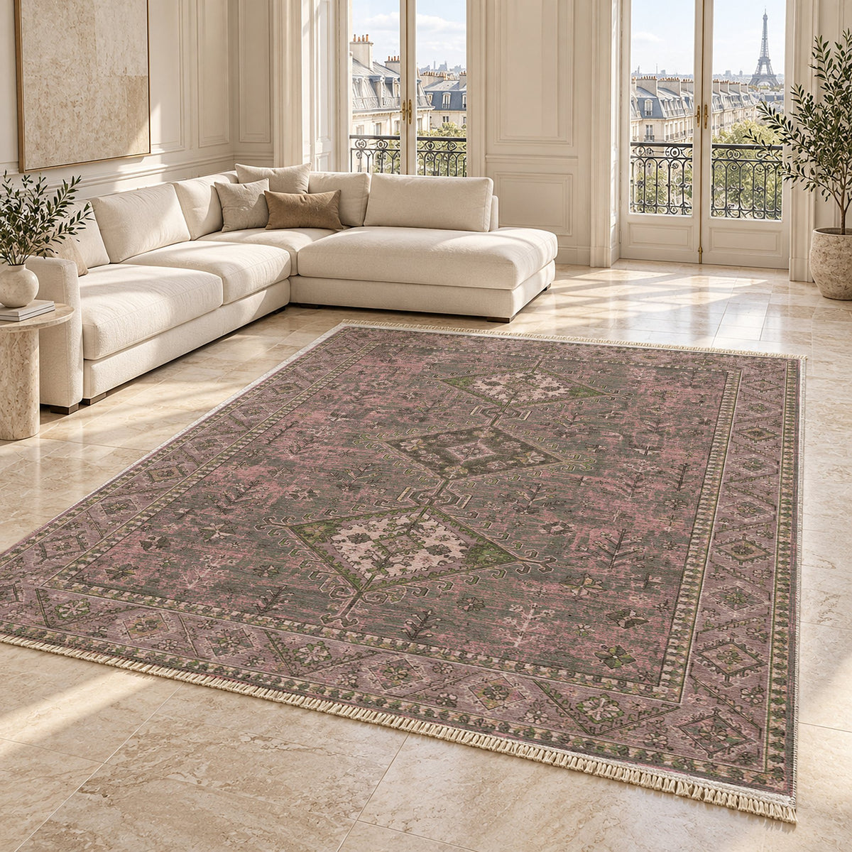Dosemealti Diamond Rose & Olive washable rug angled room view on marble