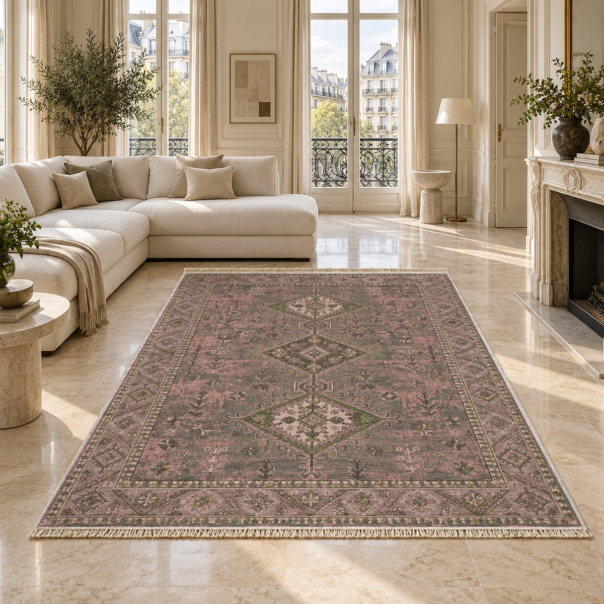 Dosemealti Diamond Rose & Olive washable rug on a marble floor