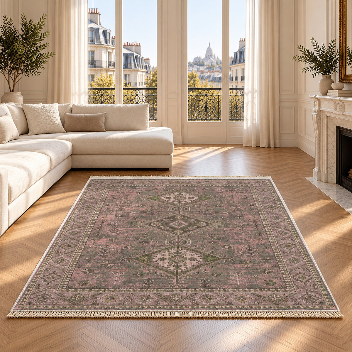 Dosemealti Diamond Rose & Olive washable rug on an oak floor