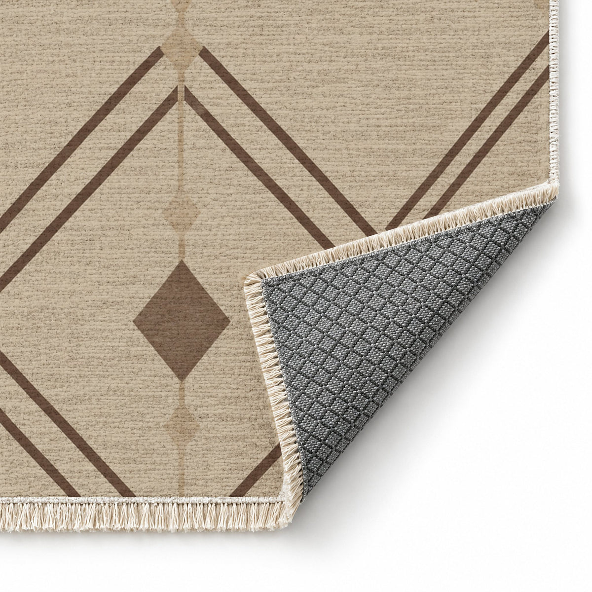 Double Diamond Oat & Cocoa washable rug folded corner showing the backing
