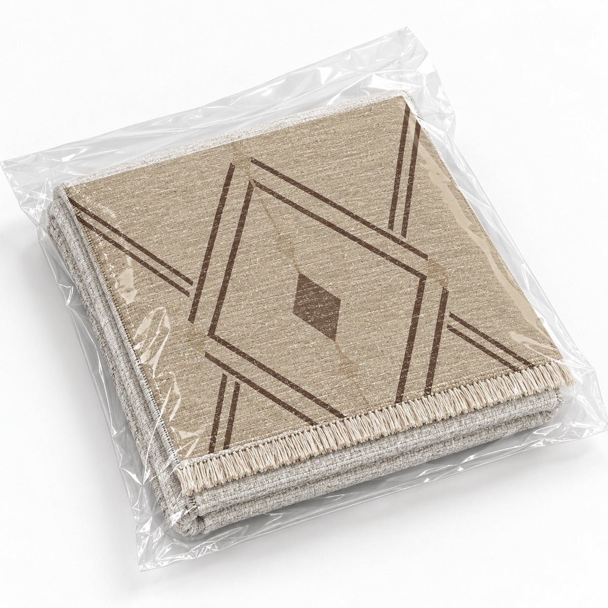 Double Diamond Oat & Cocoa washable rug rolled and packaged