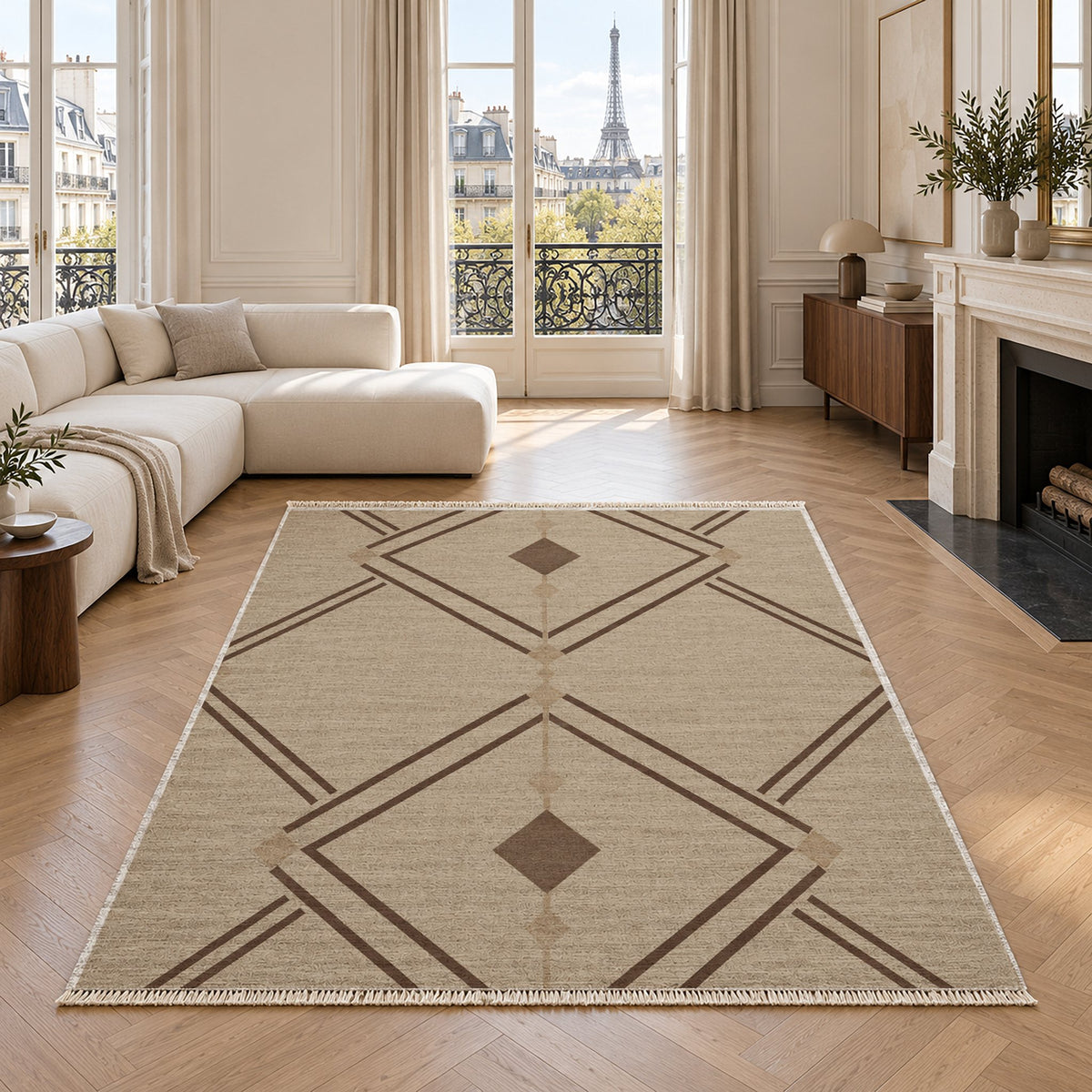 Double Diamond Oat & Cocoa washable rug in a living room with an Eiffel Tower view