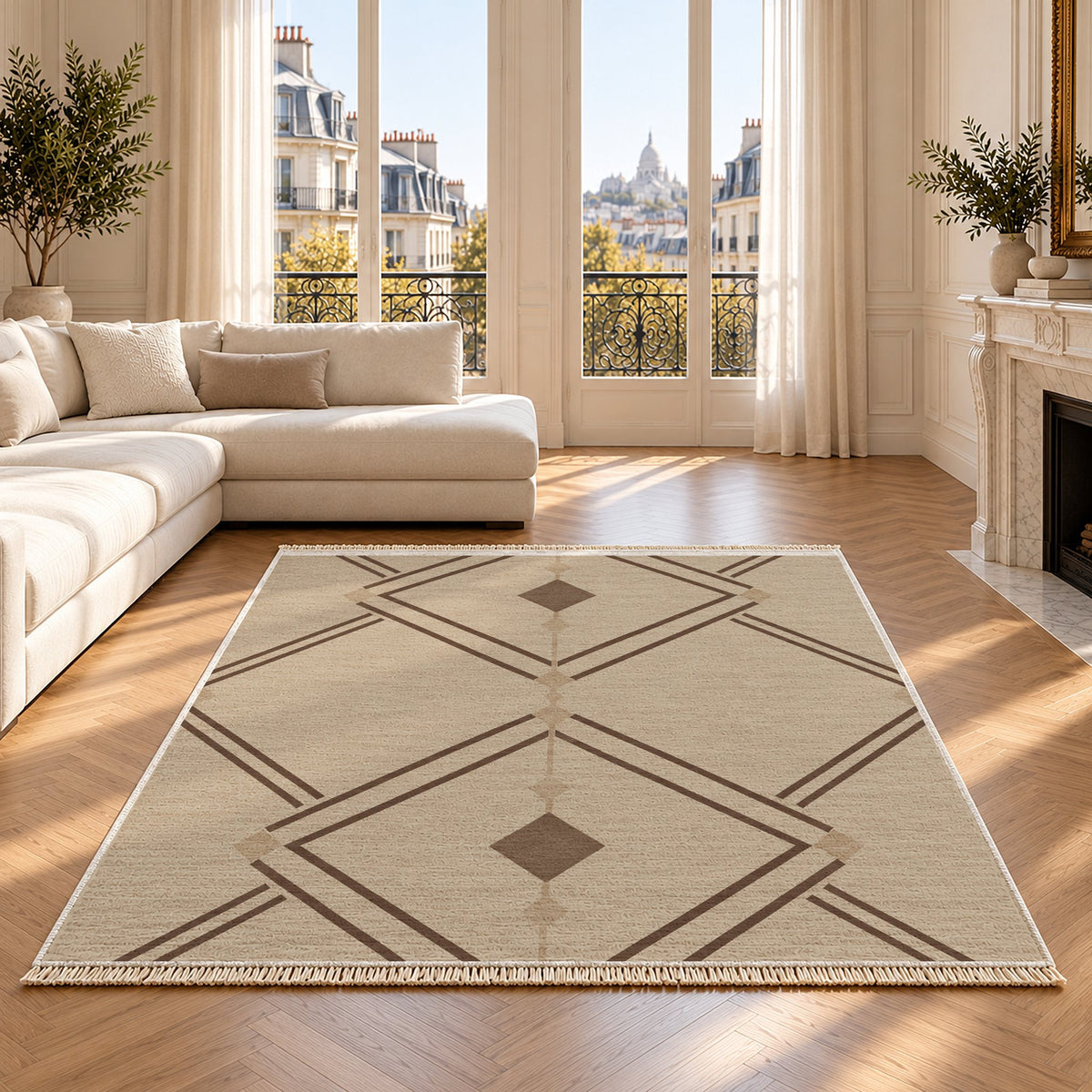 Double Diamond Oat & Cocoa washable rug on an oak floor