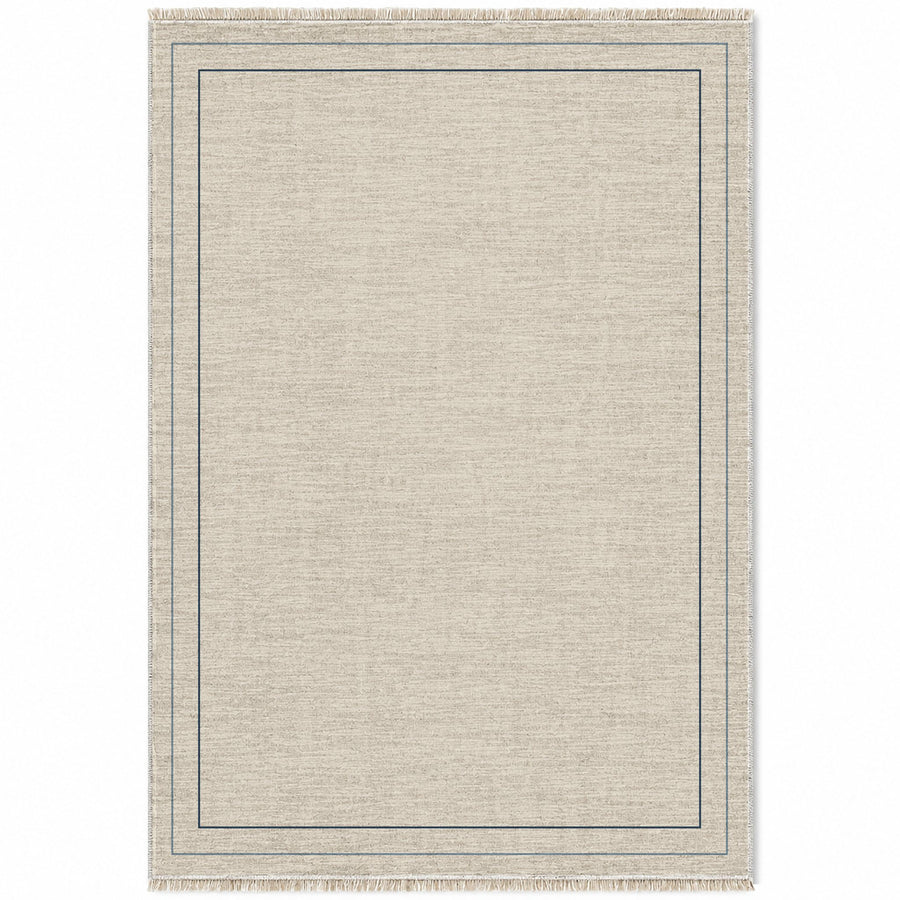 Double Frame Ivory & Dusty Blue Bordered Washable Rug