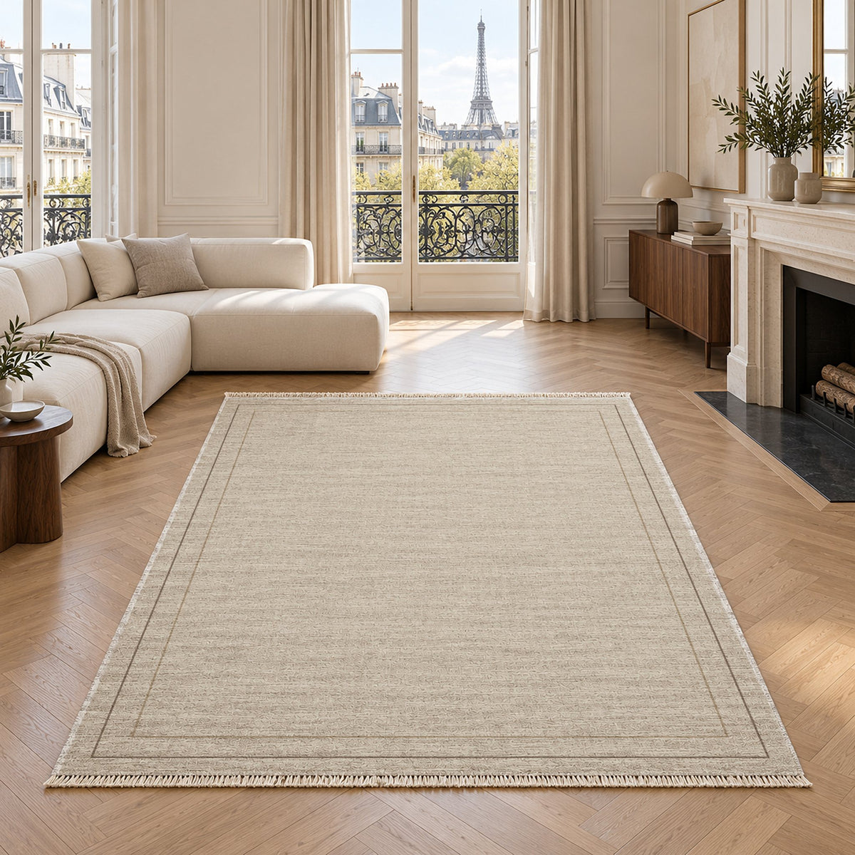 Double Frame Ivory & Taupe washable rug in a living room with an Eiffel Tower view