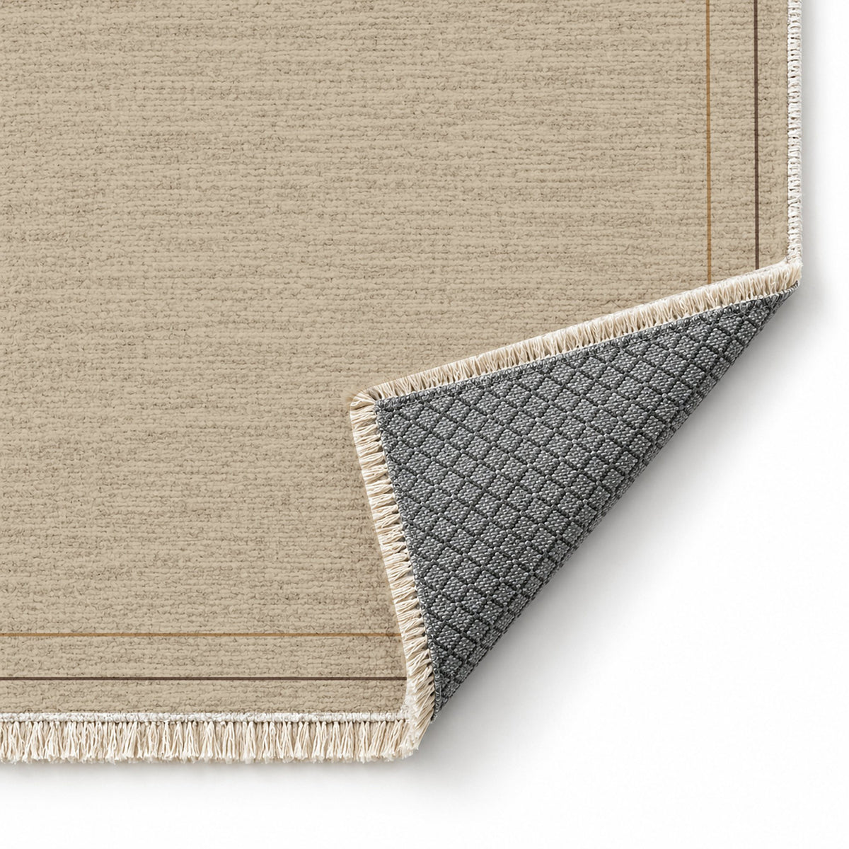 Double Frame Oat & Cocoa washable rug folded corner showing the backing