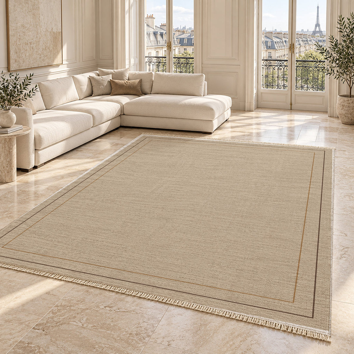 Double Frame Oat & Cocoa washable rug angled room view on marble