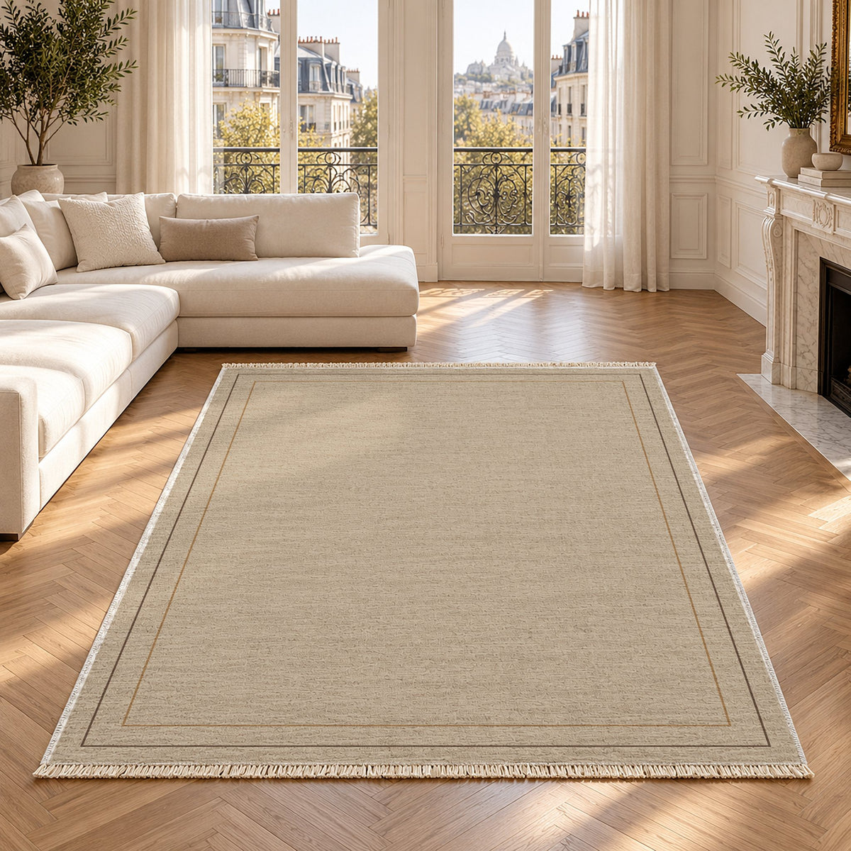 Double Frame Oat & Cocoa washable rug in a Paris living room