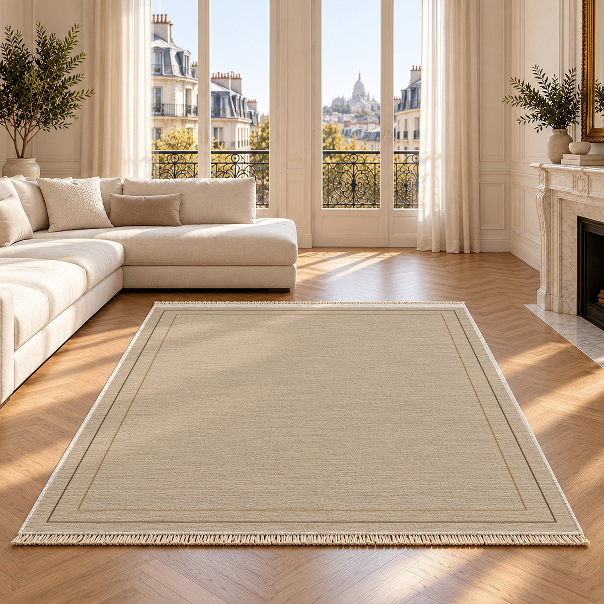Double Frame Oat & Cocoa washable rug on an oak floor