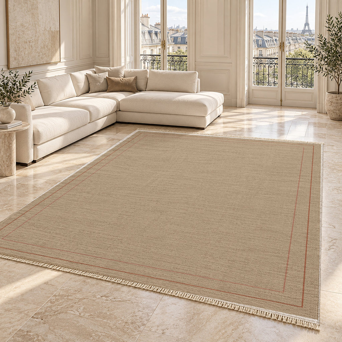 Double Frame Sand & Terracotta washable rug angled room view on marble