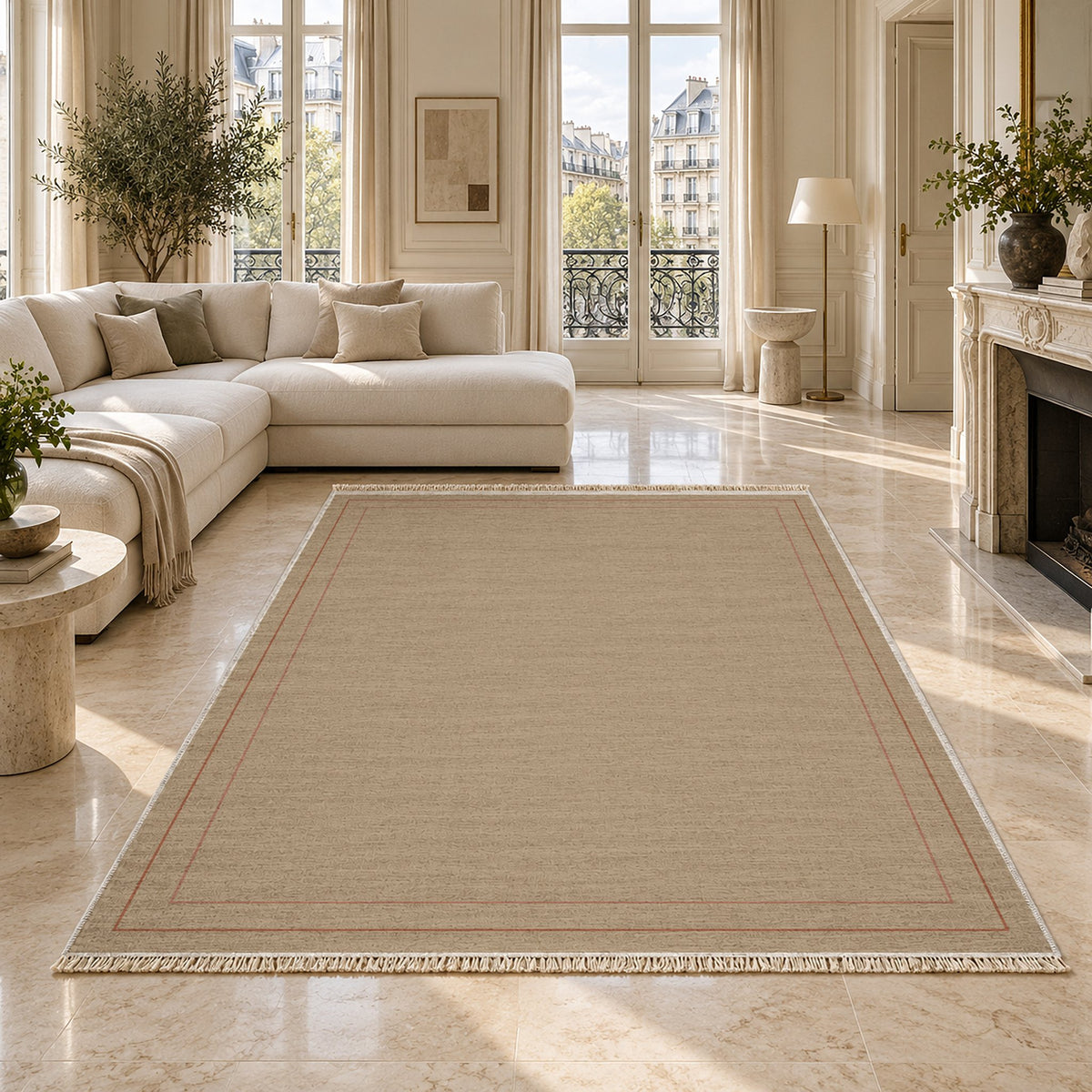 Double Frame Sand & Terracotta washable rug on a marble floor