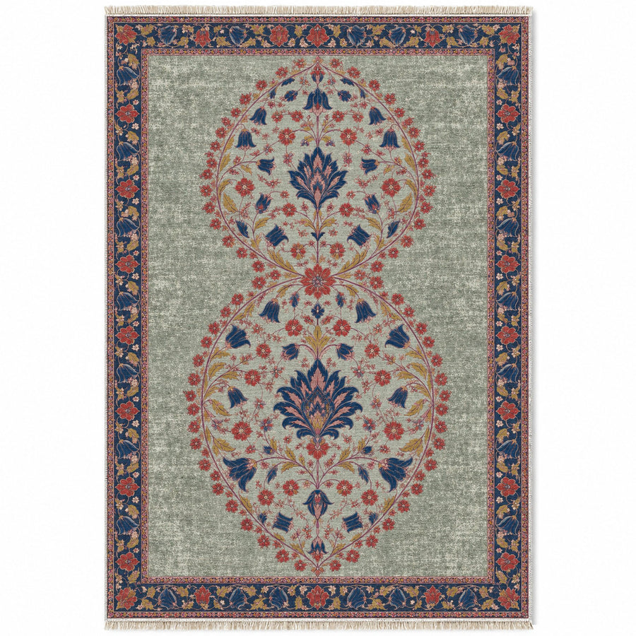 Double Halo Garden Glacier, Ink & Vermilion Distressed Washable Rug