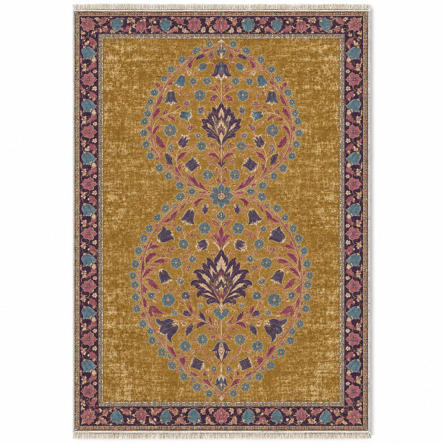 Double Halo Garden Golden, Plum & Azure Distressed Washable Rug