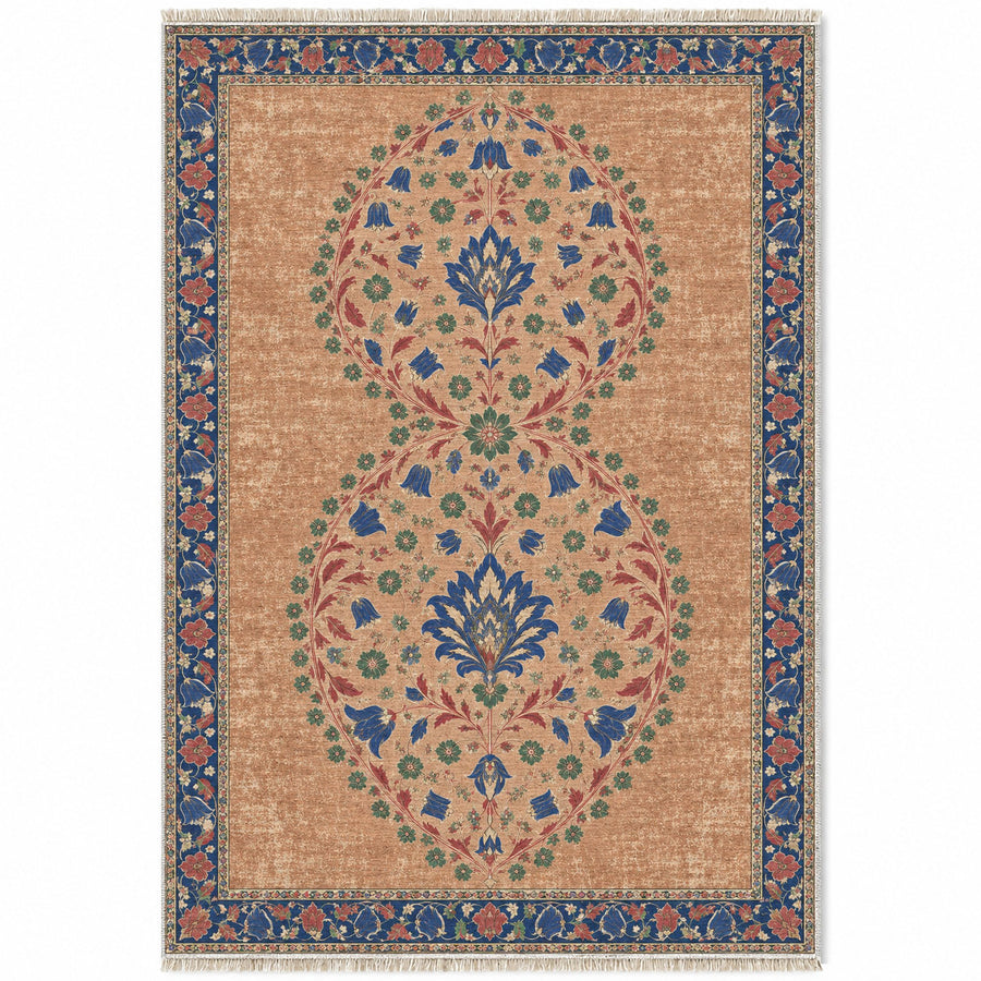 Double Halo Garden Peach, Cobalt & Jade Distressed Washable Rug