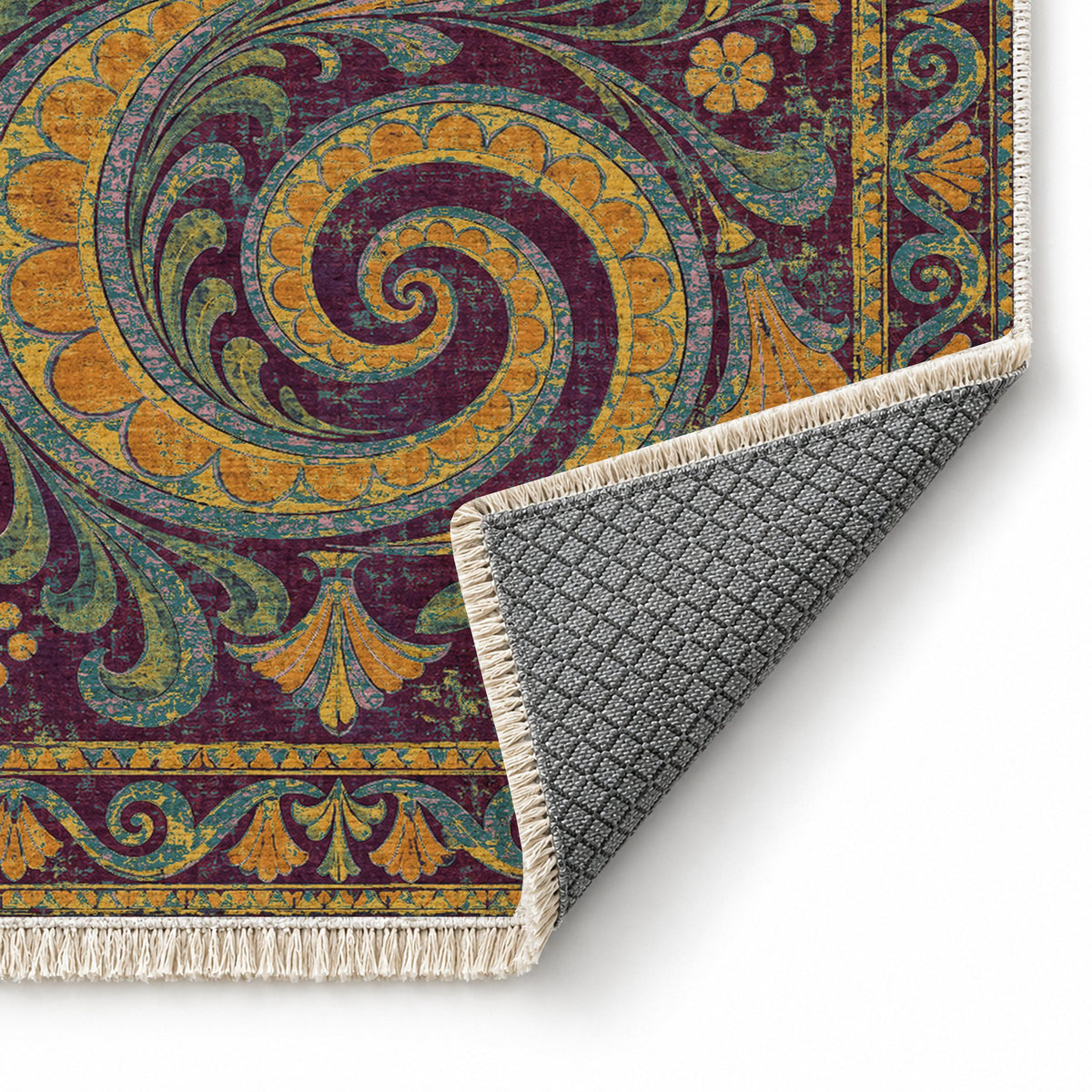 Double Spiral Burgundy & Teal washable rug folded corner showing the backing