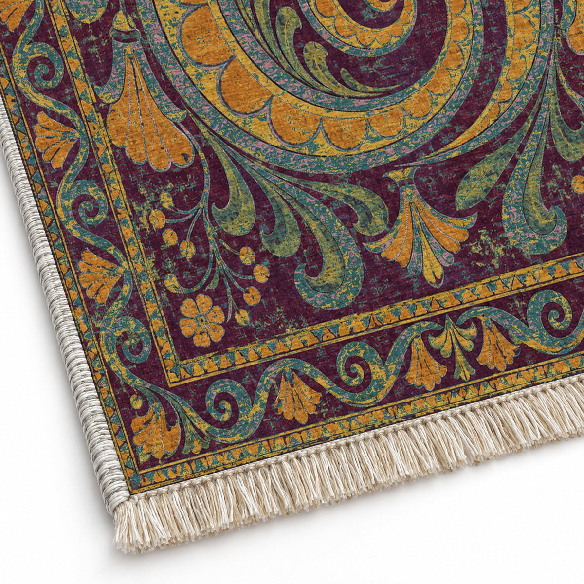 Double Spiral Burgundy & Teal washable rug close-up of the printed chenille