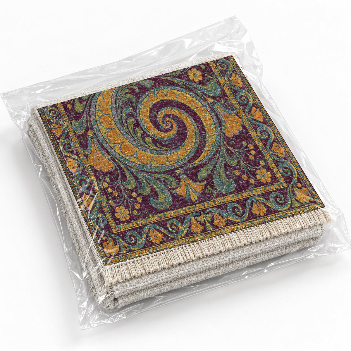 Double Spiral Burgundy & Teal washable rug rolled and packaged