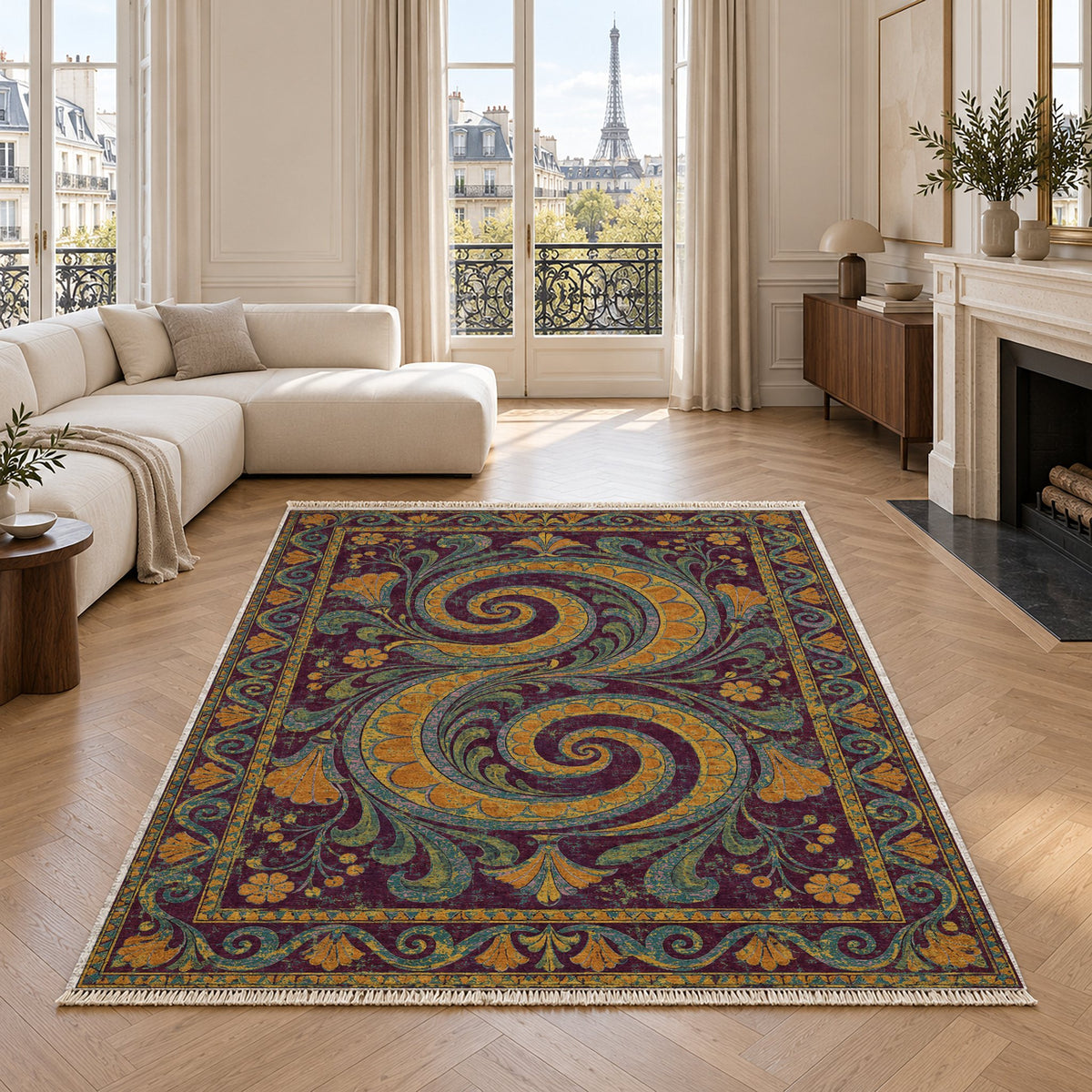Double Spiral Burgundy & Teal washable rug in a living room with an Eiffel Tower view