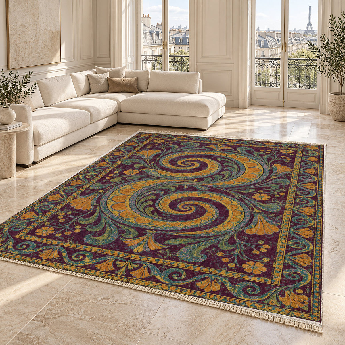 Double Spiral Burgundy & Teal washable rug angled room view on marble