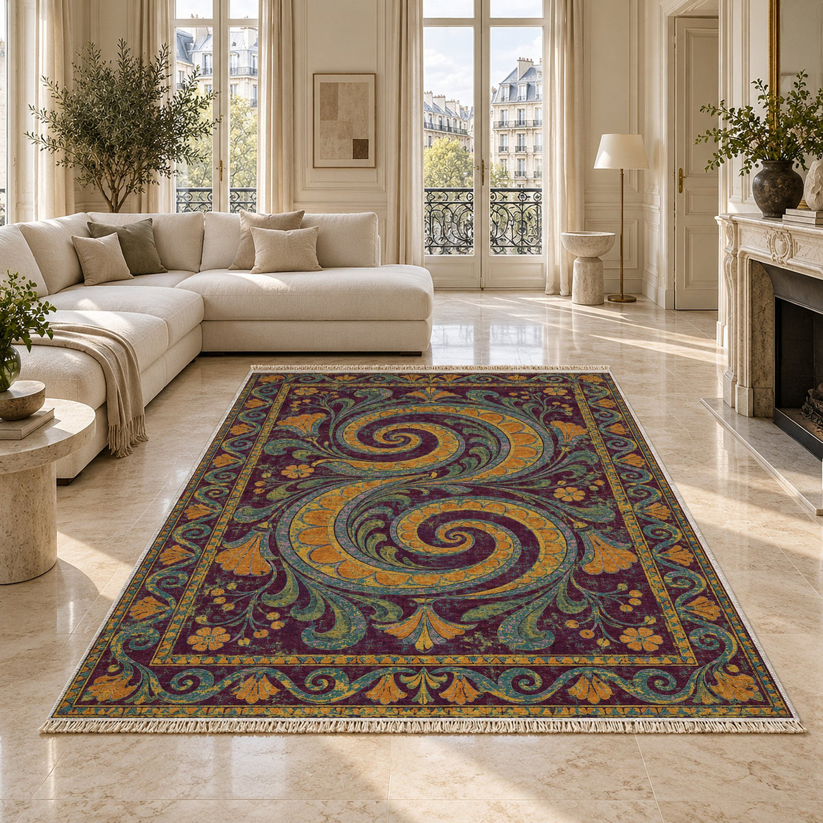 Double Spiral Burgundy & Teal washable rug on a marble floor