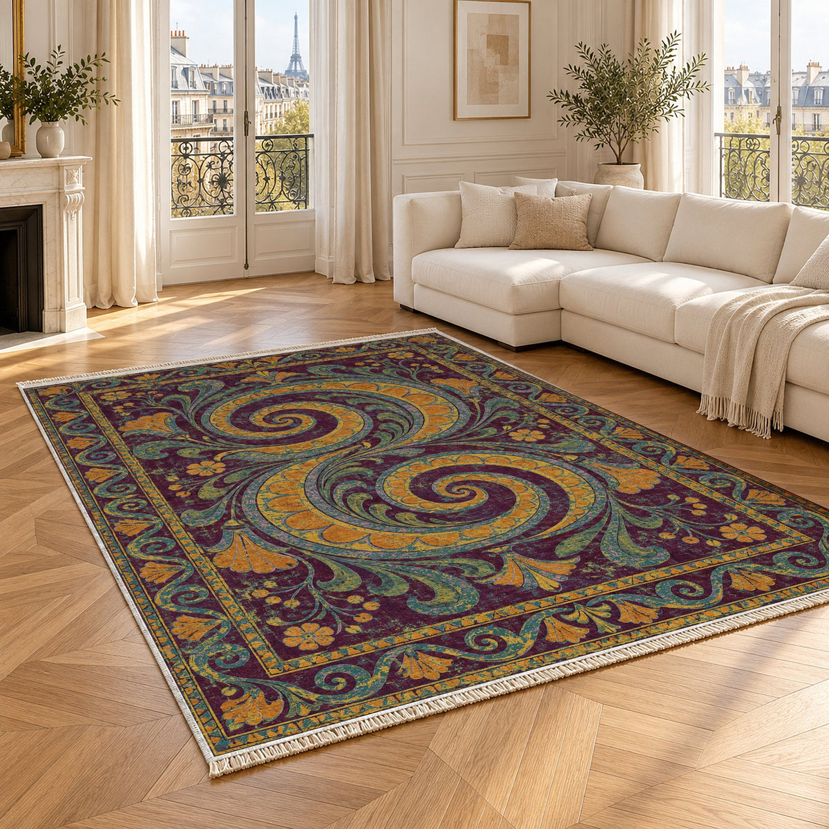 Double Spiral Burgundy & Teal washable rug angled room view