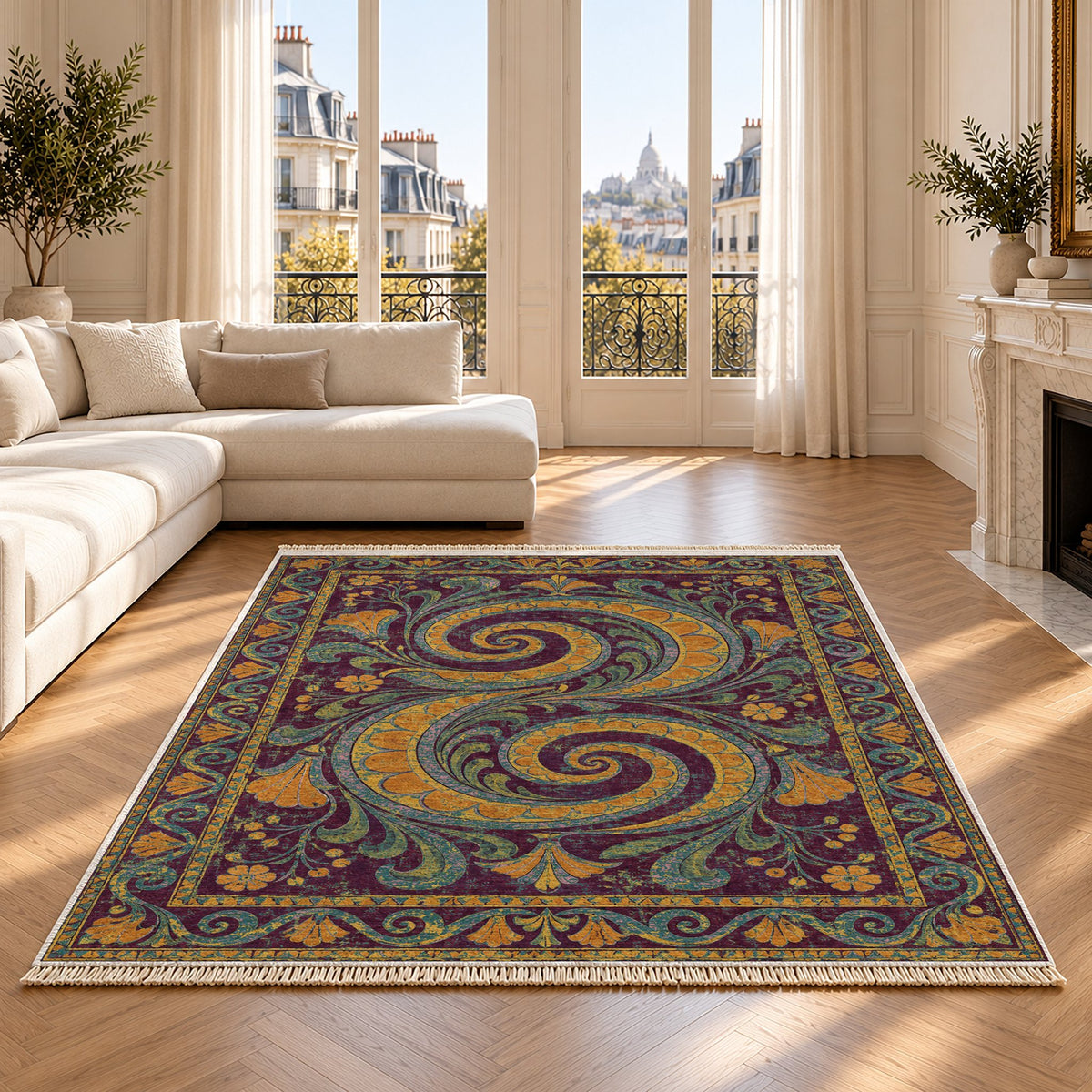 Double Spiral Burgundy & Teal washable rug on an oak floor