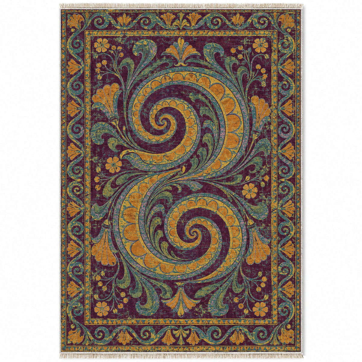 Double Spiral Burgundy & Teal washable rug top view