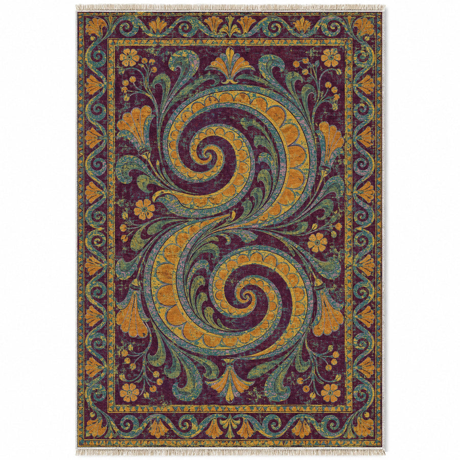 Double Spiral Burgundy & Teal Mediterranean Washable Rug