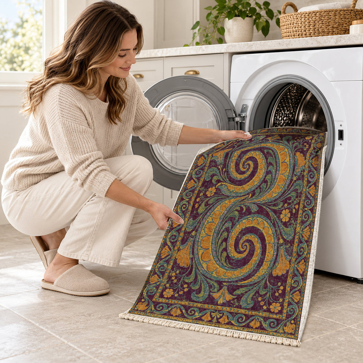 Double Spiral Burgundy & Teal washable rug being loaded into a washing machine