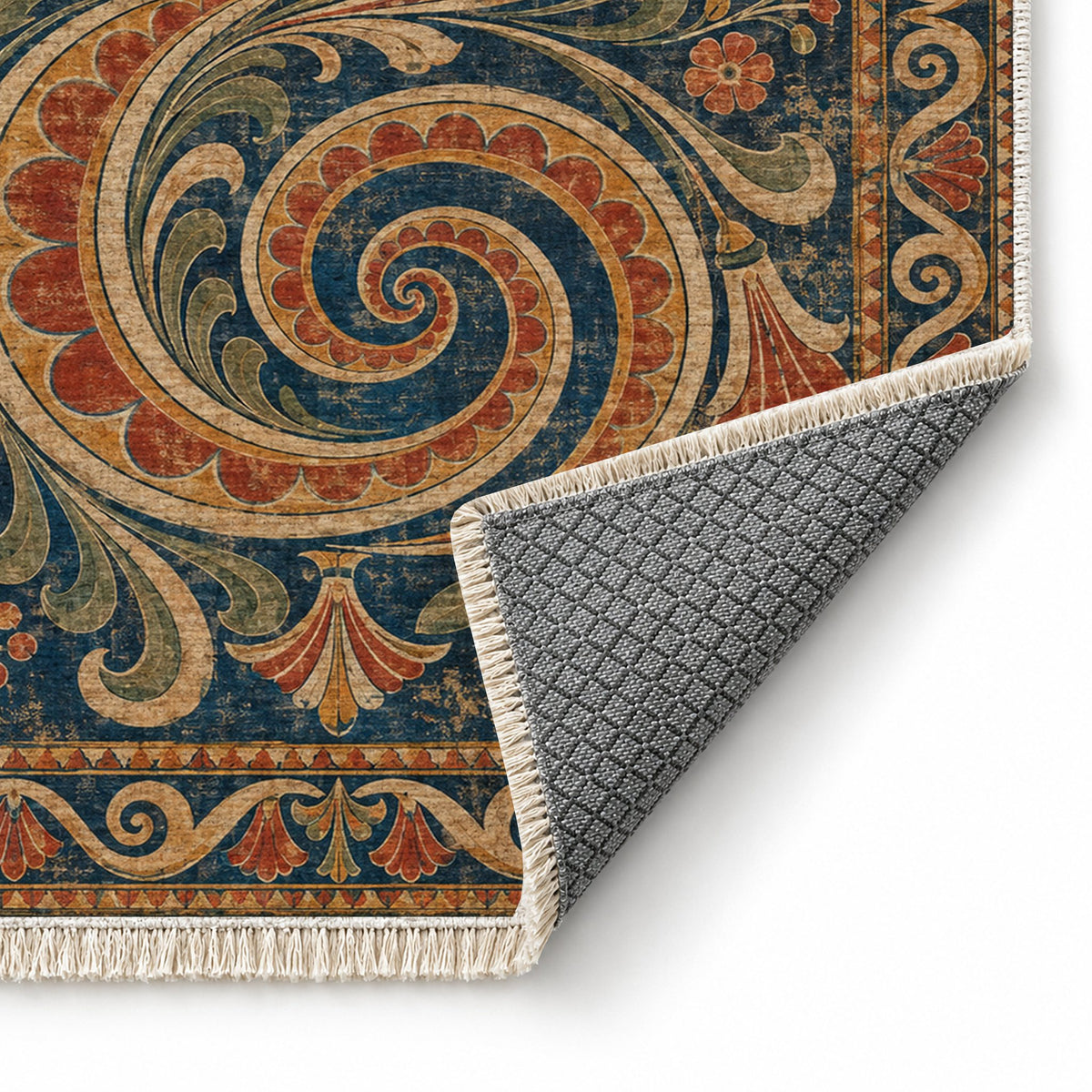 Double Spiral Indigo & Rust washable rug folded corner showing the backing