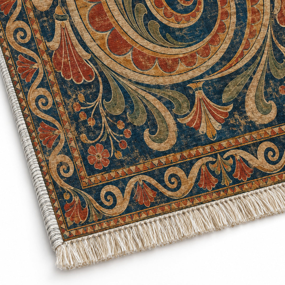Double Spiral Indigo & Rust washable rug close-up of the printed chenille
