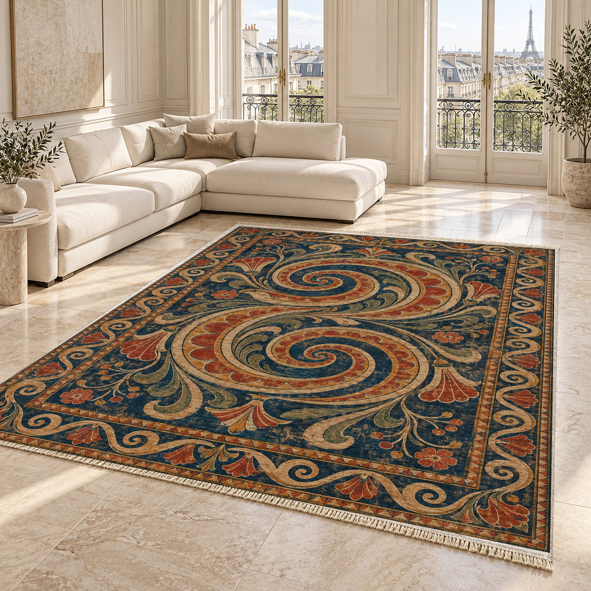 Double Spiral Indigo & Rust washable rug angled room view on marble
