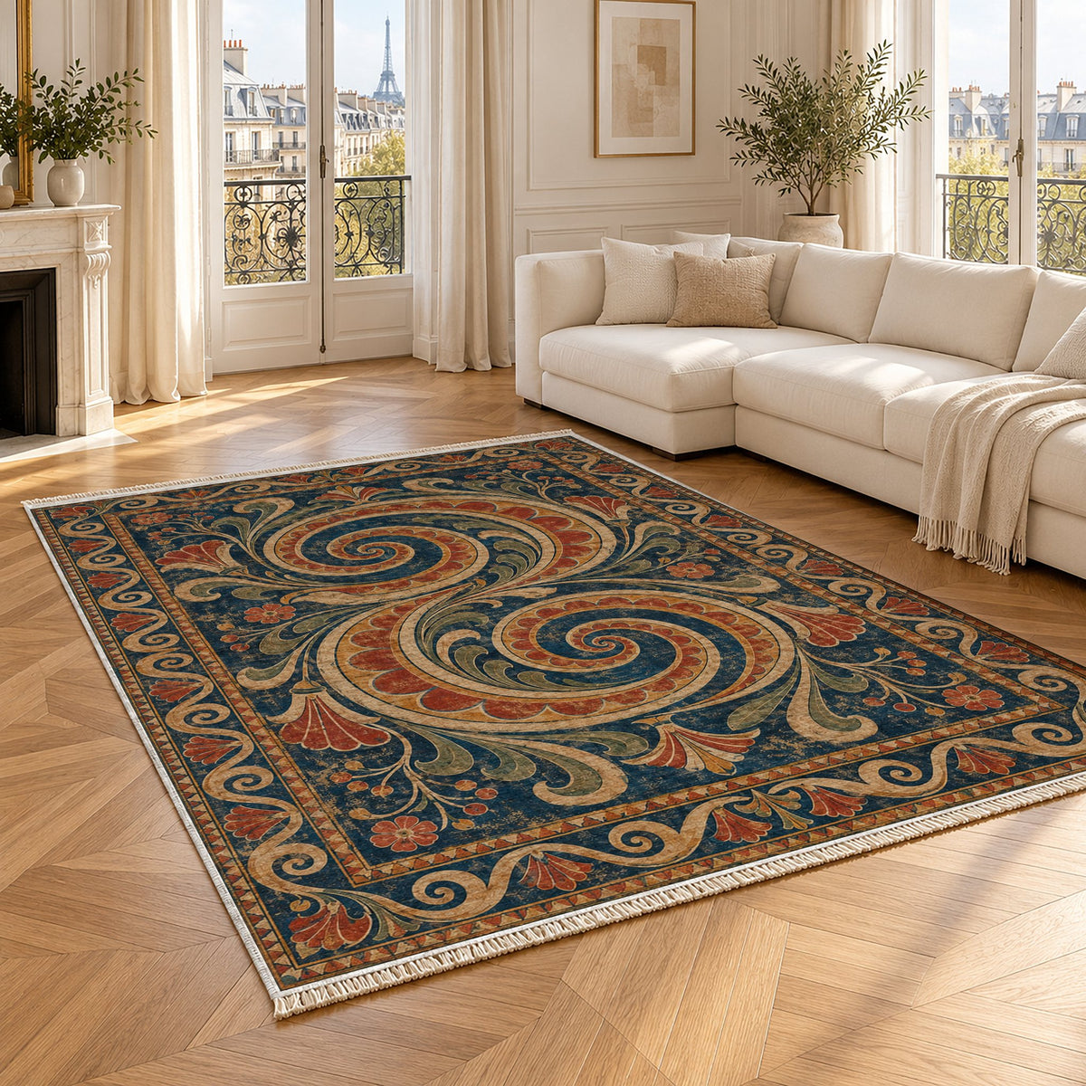 Double Spiral Indigo & Rust washable rug angled room view