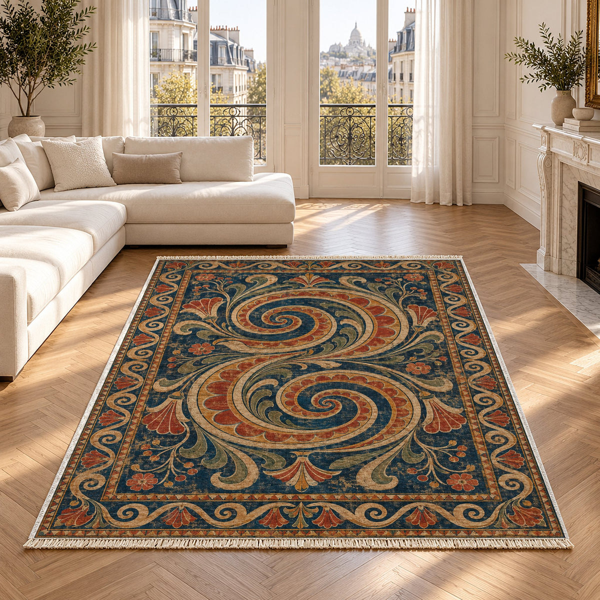 Double Spiral Indigo & Rust washable rug in a Paris living room