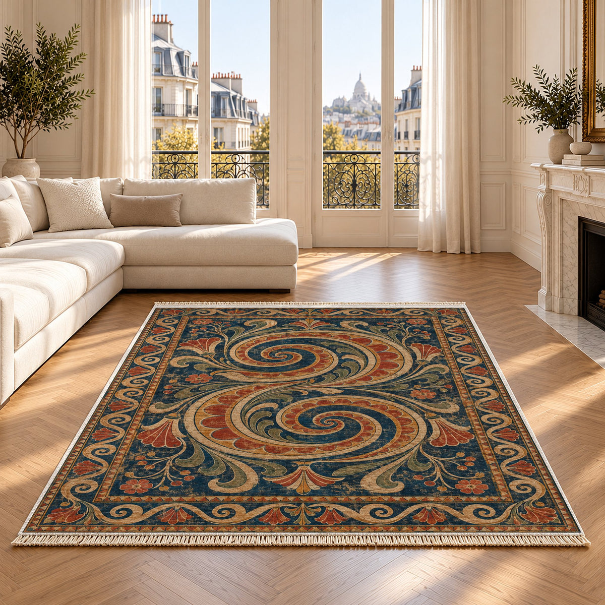 Double Spiral Indigo & Rust washable rug on an oak floor