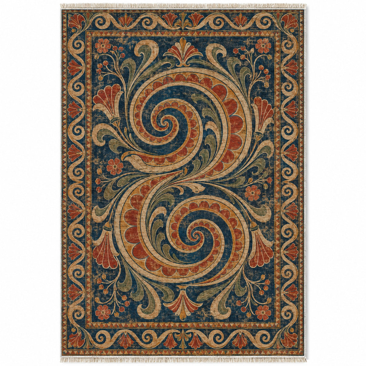 Double Spiral Indigo & Rust washable rug top view