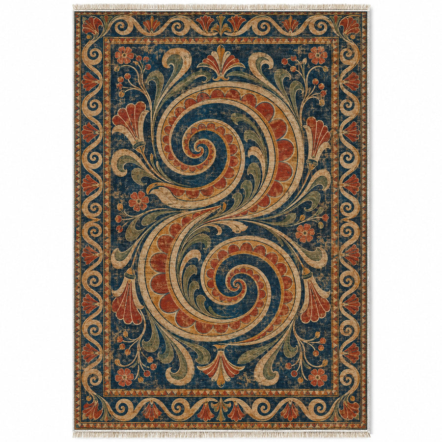 Double Spiral Indigo & Rust Mediterranean Washable Rug