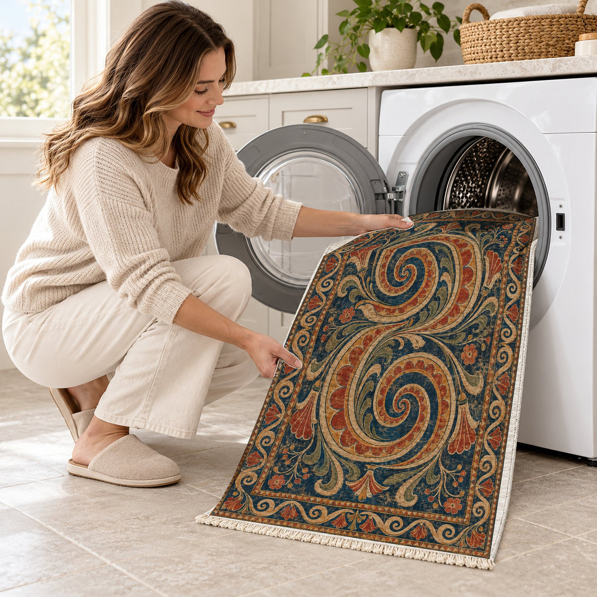 Double Spiral Indigo & Rust washable rug being loaded into a washing machine