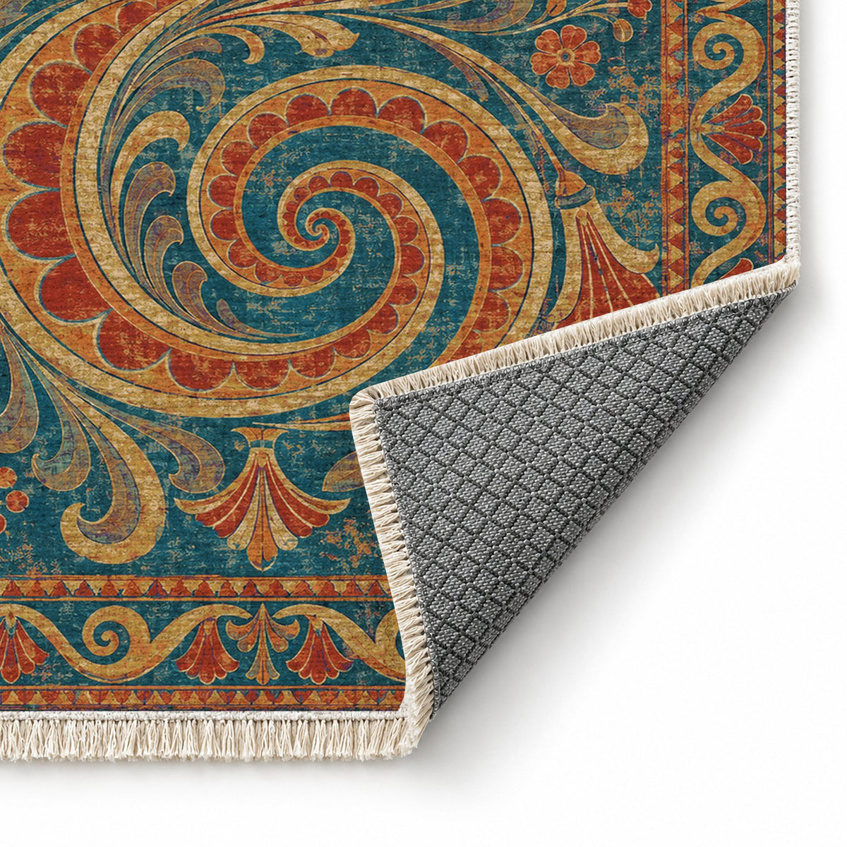 Double Spiral Peacock & Ochre washable rug folded corner showing the backing