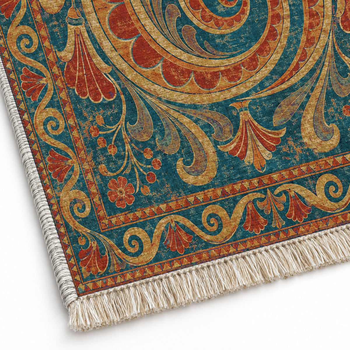 Double Spiral Peacock & Ochre washable rug close-up of the printed chenille