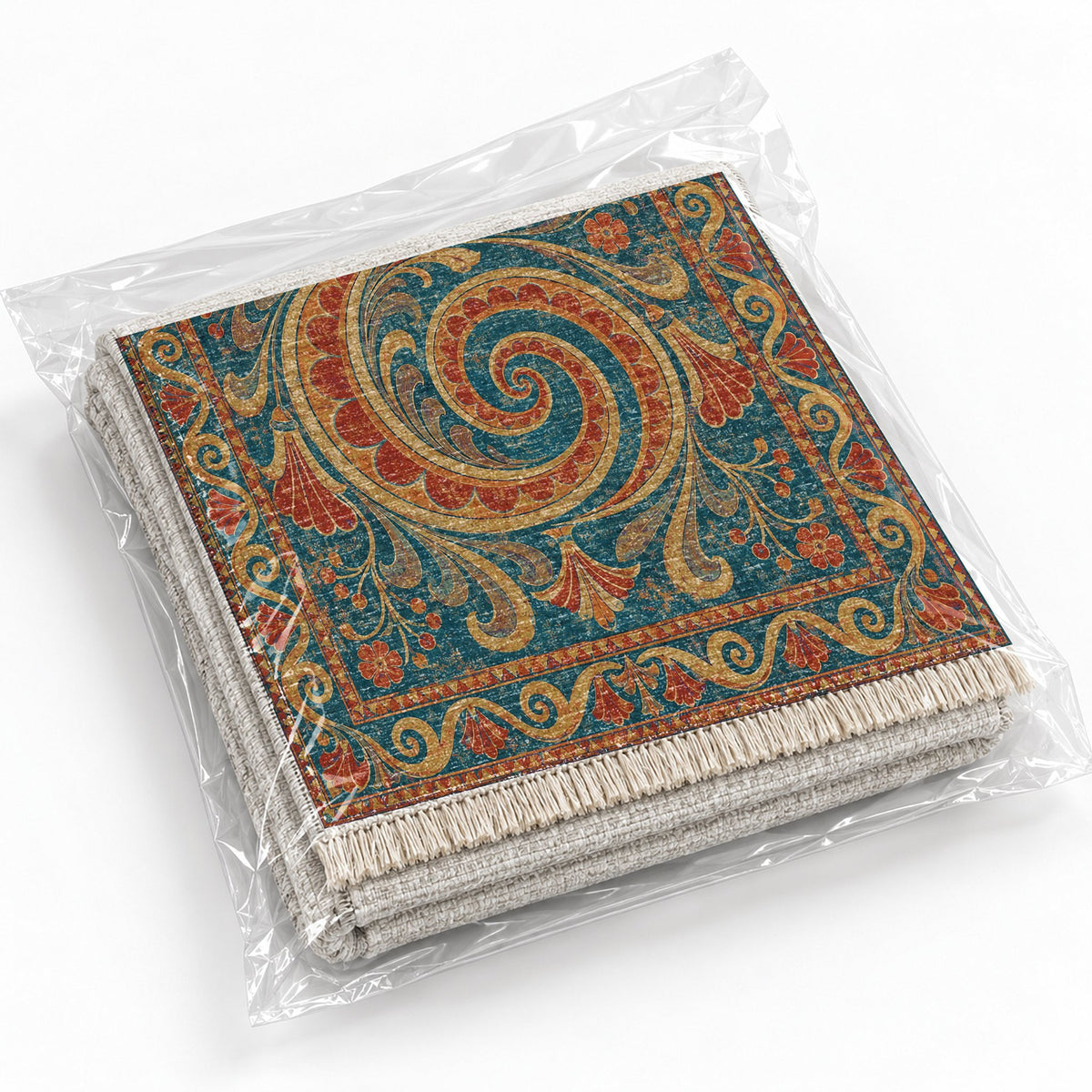 Double Spiral Peacock & Ochre washable rug rolled and packaged