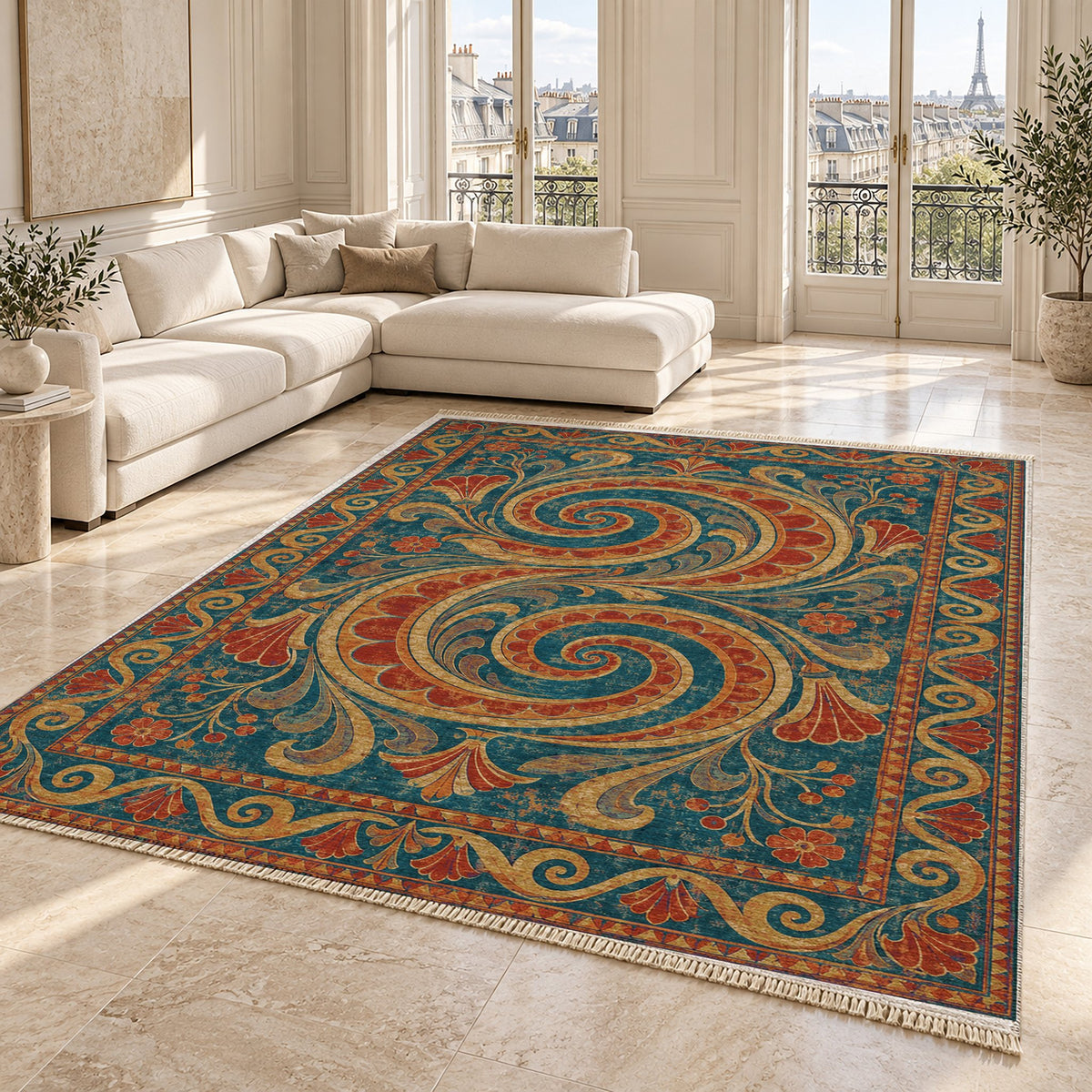 Double Spiral Peacock & Ochre washable rug angled room view on marble