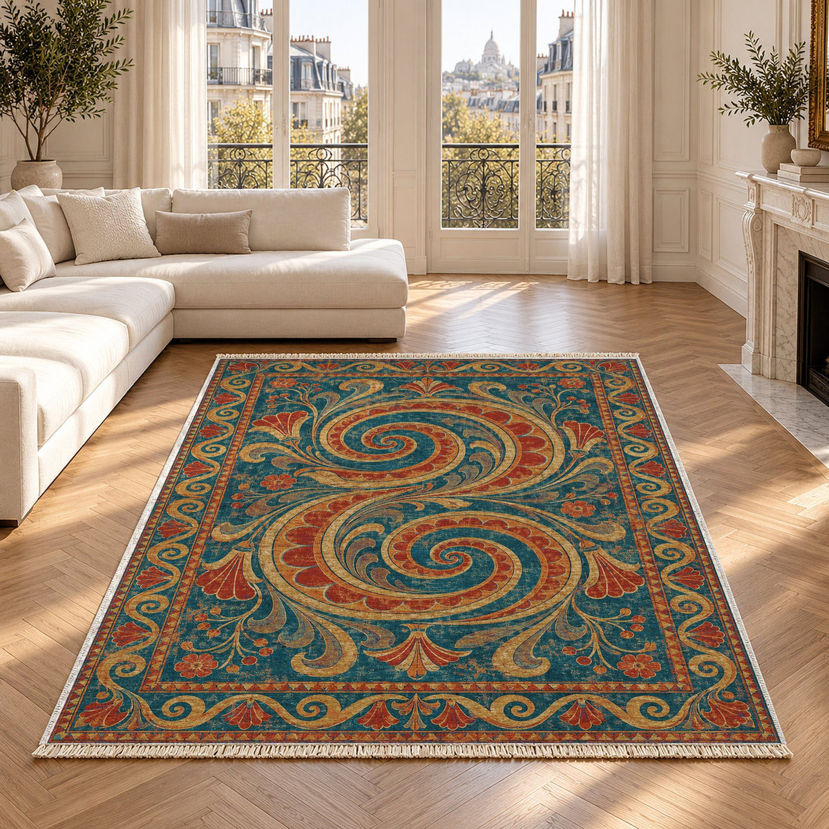 Double Spiral Peacock & Ochre washable rug in a Paris living room