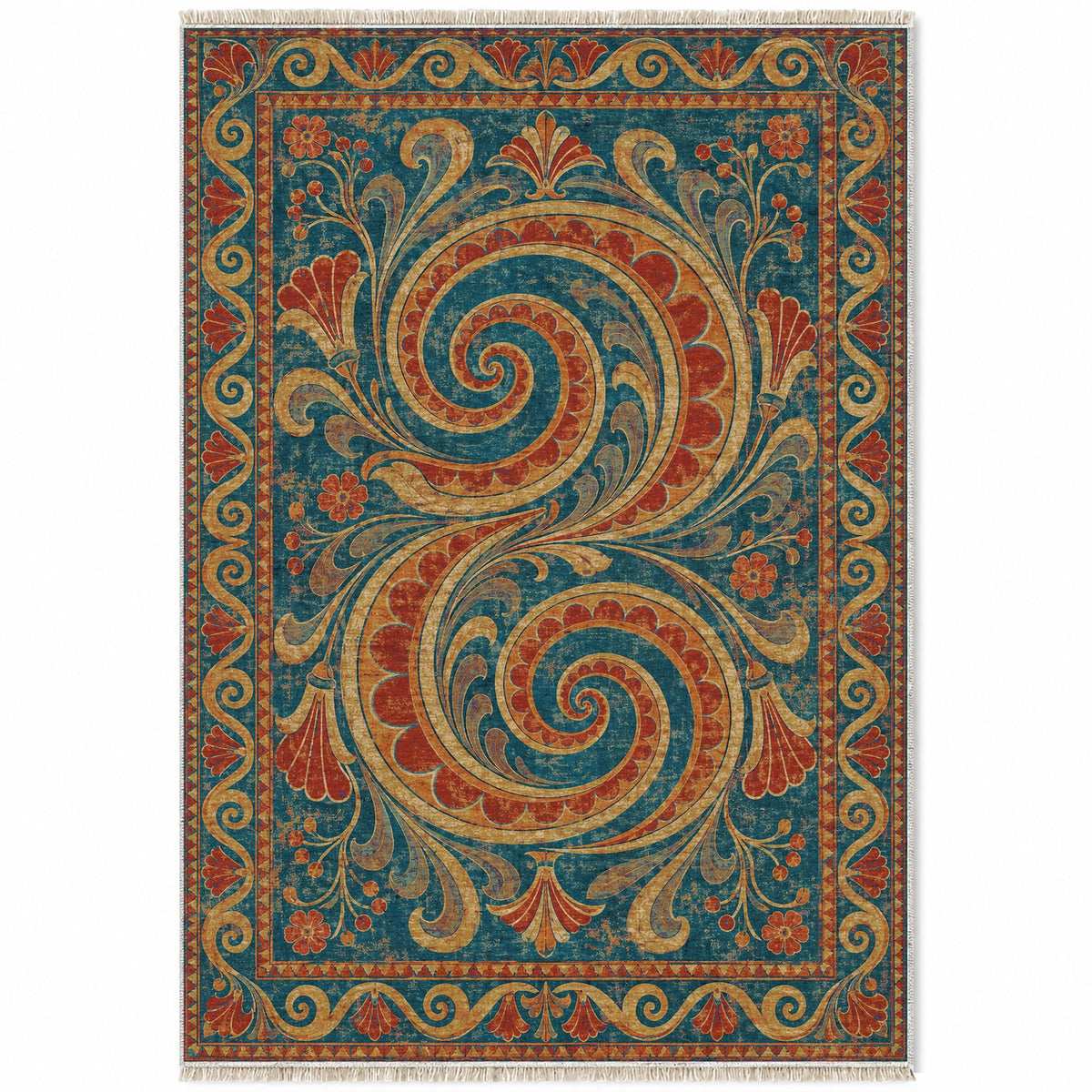 Double Spiral Peacock & Ochre washable rug top view
