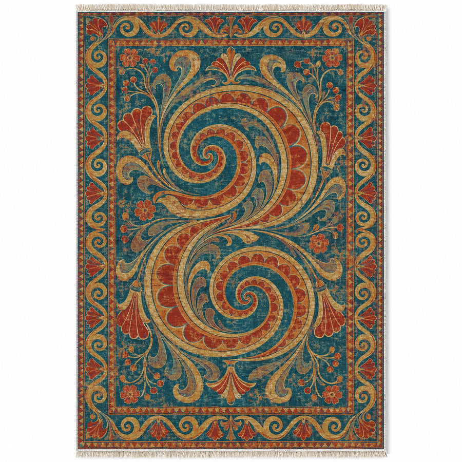 Double Spiral Peacock & Ochre Mediterranean Washable Rug